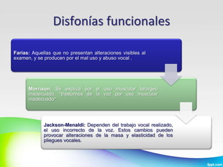 Disfonías funcionales

Farías: Aquellas que no presentan alteraciones visibles al
examen, y se producen por el mal uso y abuso vocal .




      Morrison: Se explica por el uso muscular laríngeo
      inadecuado. “trastornos de la voz por uso muscular
      inadecuado”




             Jackson-Menaldi: Dependen del trabajo vocal realizado,
             el uso incorrecto de la voz. Estos cambios pueden
             provocar alteraciones de la masa y elasticidad de los
             pliegues vocales.
 