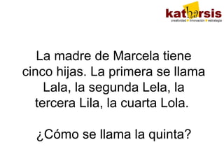 La madre de Marcela tiene
cinco hijas. La primera se llama
Lala, la segunda Lela, la
tercera Lila, la cuarta Lola.
¿Cómo se llama la quinta?

 