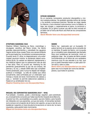 STEVIE WONDER
                                              Es un cantante, compositor, productor discográfico y mú-
                                              sico estadounidense. Ha grabado grandes éxitos de ventas
                                              y ha recibido numerosos premios. Wonder es ciego desde
                                              la infancia y toca diversos instrumentos como la batería, el
                                              bajo, las congas, y, especialmente el piano, la armónica y
                                              el teclado. Es un genio musical, por ello ha sido incluido en
                                              el Salón de la Fama del Rock and Roll de los compositores
                                              famosos.
                                              Stevie Wonder tiene una discapacidad sensorial




STEPHEN HAWKING 1942                                        NEMO
Stephen William Hawking es físico, cosmólogo y              Nemo fue capturado por un buceador. El
divulgador científico del Reino Unido. Ha hecho             pobre terminó en la pecera de la consulta de
grandes descubrimientos y estudiado los agujeros            un dentista. El padre de Nemo, con la ayuda
negros (entre otras cosas).Tiene una carrera brillante      de un simpático pero despistado pez llamado
por la que hasta hoy, ha recibido numerosos premios.        Dory (con problemas de memoria), inició un
Cuando tenía 21 años, le diagnosticaron una enfer-          peligroso viaje. Así, el padre de Nemo acabó
medad neuronal motora: la esclerosis lateral amio-          convirtiéndose en el héroe de una verdadera
trófica (ELA). Su estado se deterioró rápidamente y         aventura cuyo fin era rescatar a su hijo, que
los médicos dijeron que no sobreviviría más de dos          por su parte intentaba hacer un plan para vol-
o tres años. Pero no ocurrió así. Hawking ha ido            ver sano y salvo a casa.
perdiendo gradualmente el uso de sus brazos, las            Nemo tiene una discapacidad en una aleta
piernas y la voz, y desde 2009 está casi completa-          (pero eso no le impide ser como los demás
mente paralizado, pero nunca ha dejado de trabajar,         peces y que todos lo quieran).
publicar e investigar. La silla de ruedas que utiliza
actualmente, está controlada por un ordenador que
maneja a través de leves movimientos de cabeza y
ojos, y también le permite seleccionar palabras y
frases en su sintetizador de voz.
Stephen Hawking tiene una discapacidad física




MIGUEL DE CERVANTES SAAVEDRA (1547 – 1616)
Fue soldado , novelista , poeta y dramaturgo español , pero sobretodo
es universalmente conocido por haber escrito Don Quijote de la Mancha .
Cuando fue niño, acompañaba a su padre, que era médico, para hacerle
de intérprete con sus pacientes, ya que era sordo. A Cervantes también
se le conoce con el apodo de el manco de Lepanto, ya que a raíz de una
batalla (en Lepanto) un trozo de plomo le seccionó un nervio de la mano
izquierda y esta perdió todo movimiento.
Miguel de Cervantes tenía una discapacidad física.

                                                                                                              43
 