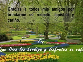 Gracias a todos mis amigos por
   brindarme su respeto, amistad y
   cariño.



                  Fin
Que Dios los bendiga y disfruten su café
 