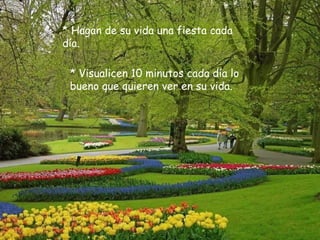 * Hagan de su vida una fiesta cada día. *   Visualicen 10 minutos cada día lo bueno que quieren ver en su vida. 
