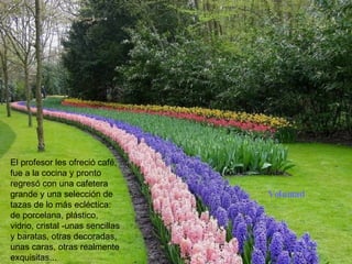El profesor les ofreció café, fue a la cocina y pronto regresó con una cafetera grande y una selección de tazas de lo más ecléctica: de porcelana, plástico, vidrio, cristal -unas sencillas y baratas, otras decoradas, unas caras, otras realmente exquisitas... Voluntad 