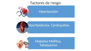 Factores de riesgo
Hipertensión
Hiperlipidemia, Cardiopatías
Diabetes Mellitus,
Tabaquismo
 