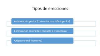 Tipos de erecciones
estimulación genital (con contacto o reflexogenica)
Estimulación central (sin contacto o psicogénica)
Origen central (nocturna)
 