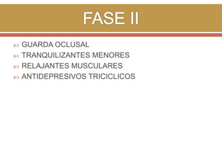 




GUARDA OCLUSAL
TRANQUILIZANTES MENORES
RELAJANTES MUSCULARES
ANTIDEPRESIVOS TRICICLICOS

 