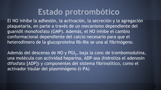 Estado protrombótico
El NO inhibe la adhesión, la activación, la secreción y la agregación
plaquetaria, en parte a través de un mecanismo dependiente del
guanidil monofosfato (GMP). Además, el NO inhibe el cambio
conformacional dependiente del calcio necesario para que el
heterodímero de la glucoproteína IIb-IIIa se una al fibrinógeno.
Además del descenso de NO y PGI2, baja la conc de trombomodulina,
una molécula con actividad heparina, ADP-asa (hidroliza el adenosín
difosfato [ADP]) y componentes del sistema fibrinolítico, como el
activador tisular del plasminógeno (t-PA)
13
 