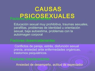 CAUSAS
PSICOSEXUALES
Factores predisponentes
Educación sexual muy prohibitiva, traumas sexuales,
parafilias, problemas de identidad u orientación
sexual, baja autoestima, problemas con la
autoimagen corporal

Factores desencadenantes
Conflictos de pareja, estrés, disfunción sexual
previa, ansiedad ante enfermedades orgánicas,
trastornos psiquiátricos.

Factores mantenedores
Ansiedad de desempeño, actitud de espectador

 