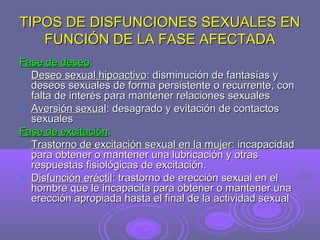 TIPOS DE DISFUNCIONES SEXUALES EN
FUNCIÓN DE LA FASE AFECTADA
Fase de deseo:
 Deseo sexual hipoactivo: disminución de fantasías y
deseos sexuales de forma persistente o recurrente, con
falta de interés para mantener relaciones sexuales
 Aversión sexual: desagrado y evitación de contactos
sexuales
Fase de excitación:
 Trastorno de excitación sexual en la mujer: incapacidad
para obtener o mantener una lubricación y otras
respuestas fisiológicas de excitación.
 Disfunción eréctil: trastorno de erección sexual en el
hombre que le incapacita para obtener o mantener una
erección apropiada hasta el final de la actividad sexual

 