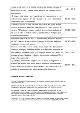 Acima de 75 anos, se o homem não tiver no mínimo 10 anos de
                                                                                            NE 5 - GR D
expectativa de vida, haverá baixo potencial de beneficio com o
rastreamento.
O toque retal ainda tem importância no rastreamento e no
estadiamento,      apesar      de    ser   subjetivo     e   com     variabilidade         NE 2C - GR B
interpessoal entre examinadores.
A literatura aponta o valor de corte de PSA de 4,0 ng/ml. Porém,
tumores de alto grau podem ser encontrados com PSA < 4,0 ng/ml. O
corte do PSA pode ser reduzido para 2,5 ng/ml em homens abaixo de                          NE 2C - GR B
60 anos. E cabe ao médico avaliar o valor de corte do PSA para cada
homem individualmente.
O aumento de PSA acima de 0,75 ng/ml/ano está associado ao risco
de CaP, e valores da velocidade do PSA de 0,4 ng/ml/ano podem ser                          NE 2C - GR B
usados em homens mais jovens.
Homens com PSA inicial muito baixo raramente apresentarão
indicação de biópsia prostática em dois ou quatro anos. Indivíduos de
descendência Afro-Americana, com história familiar de câncer de                             NE 5 - GR D
próstata ou com PSA inicial >1,0 ng/ml devem seguir realizando PSA e
toque retal anualmente
Apesar de o rastreamento proporcionar o aumento de diagnóstico de
tumores em estadio mais inicial, reduzir incidência de metástase e
                                                                                           NE 1A – GR A
melhorar as chances de cura, ainda não está claro o seu impacto na
redução de sobrevida geral e sobrevida específica da doença.



REFERÊNCIAS BIBLIOGRÁFICAS


(1) Chai TC, Steers WD. Neurophysiology of micturition and continence. Urol Clin North Am
1996; 23(2):221-236.

(2) Stohrer M, Blok B, Castro-Diaz D, Chartier-Kastler E, Del Popolo G, Kramer G et al. EAU
guidelines on neurogenic lower urinary tract dysfunction. Eur Urol 2009; 56(1):81-88.

(3) Stohrer M, Goepel M, Kondo A, Kramer G, Madersbacher H, Millard R et al. The
standardization of terminology in neurogenic lower urinary tract dysfunction: with suggestions
for diagnostic procedures. International Continence Society Standardization Committee.
Neurourol Urodyn 1999; 18(2):139-158.

(4) Dong D, Xu Z, Shi B, Chen J, Jiang X, Wang H. Urodynamic study in the neurogenic bladder
dysfunction caused by intervertebral disk hernia. Neurourol Urodyn 2006; 25(5):446-450.
 