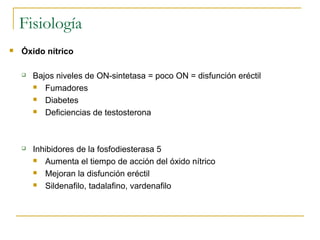 Fisiología
 Óxido nítrico
 Bajos niveles de ON-sintetasa = poco ON = disfunción eréctil
 Fumadores
 Diabetes
 Deficiencias de testosterona
 Inhibidores de la fosfodiesterasa 5
 Aumenta el tiempo de acción del óxido nítrico
 Mejoran la disfunción eréctil
 Sildenafilo, tadalafino, vardenafilo
 