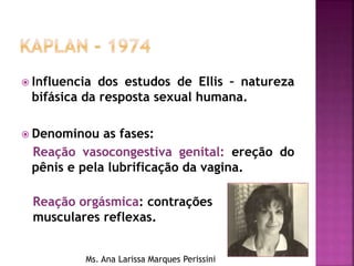  Influencia dos estudos de Ellis – natureza
bifásica da resposta sexual humana.
 Denominou as fases:
Reação vasocongestiva genital: ereção do
pênis e pela lubrificação da vagina.
Reação orgásmica: contrações
musculares reflexas.
Ms. Ana Larissa Marques Perissini
 