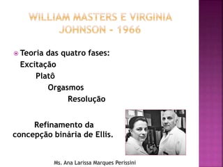  Teoria das quatro fases:
Excitação
Platô
Orgasmos
Resolução
Refinamento da
concepção binária de Ellis.
Ms. Ana Larissa Marques Perissini
 