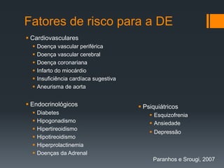 Fatores de risco para a DE
 Cardiovasculares







Doença vascular periférica
Doença vascular cerebral
Doença coronariana
Infarto do miocárdio
Insuficiência cardíaca sugestiva
Aneurisma de aorta

 Endocrinológicos







Diabetes
Hipogonadismo
Hipertireoidismo
Hipotireoidismo
Hiperprolactinemia
Doenças da Adrenal

 Psiquiátricos
 Esquizofrenia
 Ansiedade
 Depressão

Paranhos e Srougi, 2007

 