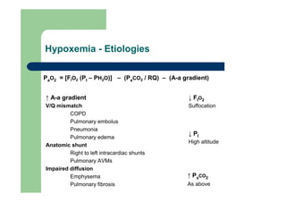 Hypoxemia - Etiologies

PaO2 = [FIO2 (PI – PH2O)] – (PaCO2 / RQ) – (A-a gradient)


↑ A-a gradient                                   ↓ FIO2
V/Q mismatch                                     Suffocation
         COPD
         Pulmonary embolus
         Pneumonia
                                                 ↓ PI
         Pulmonary edema
                                                 High altitude
Anatomic shunt
         Right to left intracardiac shunts
         Pulmonary AVMs
Impaired diffusion
         Emphysema                               ↑ PaCO2
         Pulmonary fibrosis                      As above
 