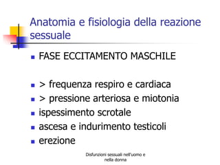 Anatomia e fisiologia della reazione
sessuale









FASE ECCITAMENTO MASCHILE
> frequenza respiro e cardiaca
> pressione arteriosa e miotonia
ispessimento scrotale
ascesa e indurimento testicoli
erezione
Disfunzioni sessuali nell'uomo e
nella donna

 