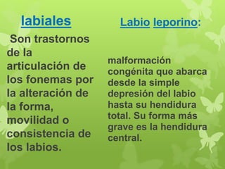 labiales 
Son trastornos 
de la 
articulación de 
los fonemas por 
la alteración de 
la forma, 
movilidad o 
consistencia de 
los labios. 
Labio leporino: 
malformación 
congénita que abarca 
desde la simple 
depresión del labio 
hasta su hendidura 
total. Su forma más 
grave es la hendidura 
central. 
 