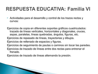  Actividades para el desarrollo y control de los trazos rectos y
curvos:
Ejercicios de copia en diferentes soportes gráficos cuadriculados:
trazado de líneas verticales, horizontales y diagonales, cruces,
aspas, paralelas, líneas quebradas, ángulos, figuras, etc.
Ejercicios de repasado de líneas, trayectorias y dibujos.
Ejercicios de rellenado de espacios y figuras.
Ejercicios de seguimiento de pautas o caminos sin tocar las paredes.
Ejercicios de trazado de líneas entre dos rectas para entrenar el
frenado.
Ejercicios de trazado de líneas alternando la presión.
 