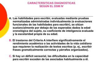 CARACTERSITICAS DIAGNOSTICAS
                     SEGÚN EL DSM IV



A. Las habilidades para escribir, evaluadas mediante pruebas
   normalizadas administradas individualmente (o evaluaciones
   funcionales de las habilidades para escribir), se sitúan
   sustancialmente por debajo de las esperadas dados la edad
   cronológica del sujeto, su coeficiente de inteligencia evaluada
   y la escolaridad propia de su edad.

B. El trastorno del Criterio A interfiere significativamente el
   rendimiento académico o las actividades de la vida cotidiana
   que requieren la realización de textos escritos (p. ej., escribir
   frases gramaticalmente correctas y párrafos organizados).

C. Si hay un déficit sensorial, las dificultades en la capacidad
   para escribir exceden de las asociadas habitualmente a él.
 
