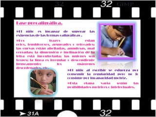 CAUSAS PEDAGOGICASLa escuela es el detonador de las disgrafía, ya que determinados errores educativos la generan.             	Podemos enumerar una serie de causa que pueden producir trastornos en la escritura desde el punto de vista de fallos pedagógicos: Instrucción rígida e inflexible, sin atender a características individuales 