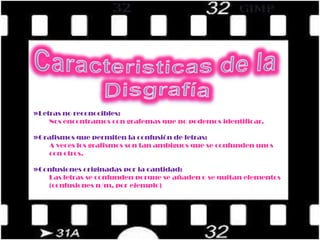 Caracteristicas de la DisgrafíaLetras no reconocibles:Nos encontramos con grafemas que no podemos identificar.Grafismos que permiten la confusión de letras: A veces los grafismos son tan ambiguos que se confunden unos con otros.Confusiones originadas por la cantidad:Las letras se confunden porque se añaden o se quitan elementos (confusiones n/m, por ejemplo)