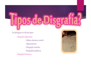 Se distinguen en ella dos tipos:
»Disgrafía Adquiridas
ÖAfasia dinámica central
ÖAgramatismo:
ÖDisgrafía centrales
ÖDisgrafía periféricas
»Disgrafía Evolutivas
 