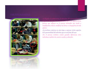 FASE POSCALIGRÁFICA.
»La llegada a la adolescencia, la estructura de la personalidad, las
exigencias de velocidad o la economía del gesto son algunos de los
factores que influyen en el proceso innovador que tiende a
simplificarlos enlaces, modificar las letras o a despojarlas de todo
adorno.
»La escritura comienza en esta etapa a expresar ciertos aspectos
de la personalidad del individuo que no son fruto del azar.
»En el proceso evolutivo existen grandes diferencias entre
individuos, también de carácter sociales y culturales
 