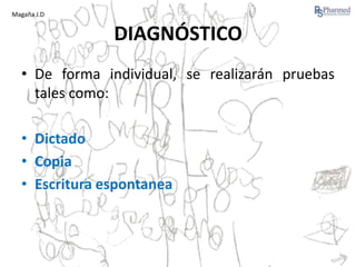 Magaña J.D

DIAGNÓSTICO
• De forma individual, se realizarán pruebas
tales como:
• Dictado
• Copia
• Escritura espontanea

 