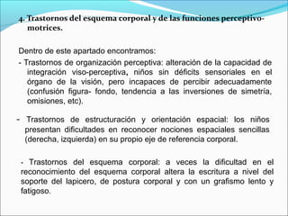 4. Trastornos del esquema corporal y de las funciones perceptivo-
motrices.
Dentro de este apartado encontramos:
- Trastornos de organización perceptiva: alteración de la capacidad de
integración viso-perceptiva, niños sin déficits sensoriales en el
órgano de la visión, pero incapaces de percibir adecuadamente
(confusión figura- fondo, tendencia a las inversiones de simetría,
omisiones, etc).
- Trastornos de estructuración y orientación espacial: los niños
presentan dificultades en reconocer nociones espaciales sencillas
(derecha, izquierda) en su propio eje de referencia corporal.
- Trastornos del esquema corporal: a veces la dificultad en el
reconocimiento del esquema corporal altera la escritura a nivel del
soporte del lapicero, de postura corporal y con un grafismo lento y
fatigoso.
 