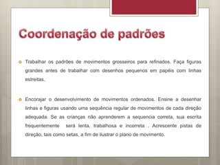  Trabalhar os padrões de movimentos grosseiros para refinados. Faça figuras
grandes antes de trabalhar com desenhos pequenos em papéis com linhas
estreitas.
 Encorajar o desenvolvimento de movimentos ordenados. Ensine a desenhar
linhas e figuras usando uma sequência regular de movimentos de cada direção
adequada. Se as crianças não aprenderem a sequencia correta, sua escrita
frequentemente será lenta, trabalhosa e incorreta . Acrescente pistas de
direção, tais como setas, a fim de ilustrar o plano de movimento.
 