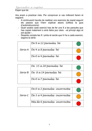 Aprendre a copiar
Esper que bé.
Ara anam a practicar més. Per comprovar si vas millorant farem el
següent:
- A continuació hauràs de realitzar uns exercicis de copiat seguint
els passos que t’hem explicat abans (Utilitza la guia
d’autoinstruccions)
- Quan acabis cada exercici has de fer una X a les paraules que
has copiat malament o amb lletra poc clara –al principi algú et
pot ajudar -.
- Després compta les X i pinta el cercle que hi ha a cada exercici,
segons la sèrie:
Sèrie A
De 9 a 12 paraules bé
De 4 a 8 paraules bé
De 0 a 4 paraules bé
Sèrie B
De 15 a 20 paraules bé
De 8 a 14 paraules bé
De 0 a 7 paraules bé
Sèrie C
De 0 a 2 paraules incorrectes
De 3 a 4 paraules incorrectes
Més de 6 paraules incorrectes
3
 