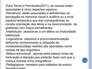 Para Torres e Fernàndez(2011), as causas estão
associadas á cinco aspectos.vejamos
Percetivos: estão associadas a deficiências na
percepção,na memoria visual e auditiva ou a nivel
espácio-temporal,o que traz consequências na
correta orientação das letras e na descriminação de
grafemas com traços semelhantes.
Intelectuais: associa-se a um défice ou imaturidade
intelectual;
Linguísticos: relaciona a pronuncia/articulação
deficiente conhecimento e utilização do
vocabulario(código restrito) são apontados como
causas de tipo linguìstico.
Afetivo-emocional : aponta entre baixos niveis de
motivação e atenção,que poderão fazer com que a
criança cometa erros ortogràficos.
Pedagògicos: remetem para mètodos de ensino
 