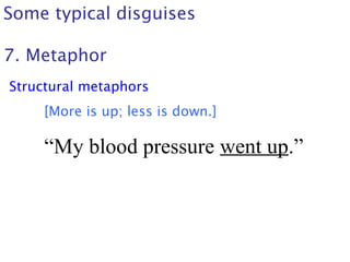 Some typical disguises
7. Metaphor
Structural metaphors
[More is up; less is down.]
“My blood pressure went up.”
 