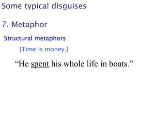 Some typical disguises
7. Metaphor
Structural metaphors
[Time is money.]
“He spent his whole life in boats.”
 