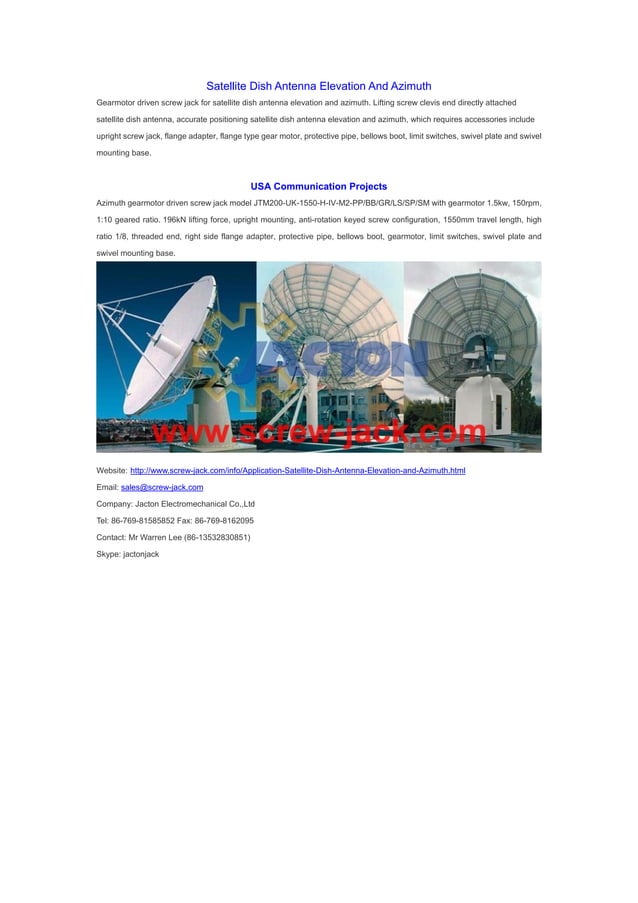 Gearmotor driven screw jack for satellite dish antenna elevation and