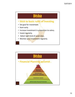 12/07/2011




                      Disha
• Stick to basic rules of investing
•   Set goal for investment.
•   Start early.
•   Increase investment in proportion to salary.
•   Invest regularly.
•    Select right kind of asset class.
•   Monitor your investment regularly.




                      Disha
• Financial Planning pyramid .
                             Wealth
                            creation

                           Aspirations
                            Planning

                          Essential goal
                      investment planning

                       Investment reserve


                Self & Family Financial Protection




                                                            13
 