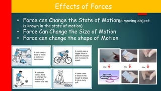 Effects of Forces
• Force can Change the State of Motion(a moving object
is known in the state of motion)
• Force Can Change the Size of Motion
• Force can change the shape of Motion
 