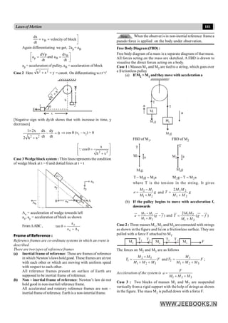 101
Lawsof Motion
B
dx
v velocity of block
dt
ù
= = ú
û
Again differentiating we get, 2ap = aB
B
p B
dv
dVp
a and a
dt dt
é ù
= =
ê ú
ë û
ap = acceleration of pulley, aB = acceleration of block
Case 2 Here =
+
+ y
x
h 2
2
constt. On differentiating w.r.t ‘t’
F
x
y
h
q
1 2
[Negative sign with dy/dt shows that with increase in time, y
decreases]
2 2
1 2x dx dy
0
dt dt
2 h x
´
- =
+
Þ cos q (v1 – v2) = 0
2 2
x
cos
h x
é ù
q =
ê ú
ê ú
+
ë û
Q
Case 3 Wedge block system : Thin lines represents thecondition
of wedge block at t = 0 and dotted lines at t = t
ax
c
Ax
Ax A
q
q
B
ay
ax
ay
Ax = acceleration of wedge towards left
ax, ay = acceleration of block as shown
From DABC, y
x x
a
tan
a A
q =
+
Frame of Reference :
Reference frames are co-ordinate systems in which an event is
described.
There are two typesof reference frames
(a) Inertial frame of reference: These are frames of reference
in which Newton’s laws hold good. These frames are at rest
with each other or which are moving with uniform speed
with respect to each other.
All reference frames present on surface of Earth are
supposed to be inertial frame of reference.
(b) Non – inertial frame of reference: Newton’s law do not
hold good in non-inertial reference frame.
All accelerated and rotatory reference frames are non –
inertial frameof reference. Earth isa non-intertial frame.
When the observer is in non-inertial reference framea
pseudo force is applied on the body under observation.
Free Body Diagram (FBD) :
Free body diagram of a mass is a separate diagram of that mass.
All forces acting on the mass are sketched. A FBD is drawn to
visualise the direct forces acting on a body.
Case 1 : Masses M1 and M2 are tied to a string, which goes over
a frictionless pulley
(a) If M2 > M1 and they move with accelerationa
1
M
M2
M g
2
M g
1
T
T
a
a
FBD of M1, FBD of M2
T
M1
1
M g
a
T
M2
M g
2
a
1 1
T M g M a
- = 2 2
M g T M a
- =
where T is the tension in the string. It gives
2 1
1 2
M M
a g
M M
-
=
+
and 1 2
1 2
2M M
T g
M M
=
+
(b) If the pulley begins to move with acceleration f,
downwards
2 1
1 2
( )
M M
a g f
M M
-
= -
+
uu
r uu
r uu
r
and 1 2
1 2
2
( )
M M
T g f
M M
= -
+
ur uu
r uu
r
Case 2 : Three massesM1, M2 and M3 are connected with strings
as shown in the figure and lie on a frictionless surface. They are
pulled with a force F attached to M1.
M3 M2 M1 F
T 1
T1
T2
T2
The forces on M2 and M3 are as follows
2 3
1
1 2 3
M M
T F
M M M
+
=
+ +
and 3
2
1 2 3
M
T F
M M M
=
+ +
;
Acceleration of the system is
1 2 3
F
a
M M M
=
+ +
Case 3 : Two blocks of masses M1 and M2 are suspended
vertically from a rigid support with the help of strings as shown
in the figure. The mass M2 is pulled down with a force F.
 