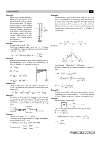 105
Lawsof Motion
Example3.
A large mass M and a small mass
m hang at the two ends of a string
that passes through a smooth
tube as shown in fig. The mass m
moves around a circular path in
a horizontal plane. The length of
the string from mass m to the top
of the tube is l, and q is the angle
the string makes with the
vertical. What should be the
frequency (n) of rotation of mass
m so that mass
M remains stationary? M
m
l
r
q
T
Solution :
Tension in the string T = Mg.
Centripetal force on the body= mrw2 =mr ( 2pn )2. This is
provided by the component of tension acting horizontally
i.e. T sinq ( = Mg sinq).
 mr ( 2pn)2 = Mg sinq = Mgr/l. or
1 Mg
2 m
n =
p l
Example4.
A string of negligible mass going over a clamped pulley of
mass m supports a block of mass M as shown in fig. The
force on the pulley by the clamp is given by
(a) 2 Mg
(b) 2 mg
M
m
(c) 2 2
[ (M m) m ]
+ + g
(d) 2 2
[ (M m) M ]
+ + g
Solution : (c)
Force on the pulley by the clamp = resultant of
T = (M + m)g and mg acting along horizontal and vertical
respectively
 F 2 2
[(M m)g] (mg)
= + + 2 2
[ (M m) m ]g
= + +
Example5.
The masses of 10 kg and 20 kg respectively are connected
by a massless spring infig. A force of 200 newton actson the
20 kg mass. At the instant shown, the 10 kg mass has
acceleration 12 m/sec2. What is the acceleration of 20 kg
mass?
10 kg
20 kg
200 newton
Solution :
Force on 10 kg mass = 10 × 12 = 120 N
Themassof10kgwill pullthemassof20kgin thebackward
direction with a force of 120 N.
 Net force on mass 20 kg = 200 – 120 = 80 N
Its acceleration
force
a
mass
= 2
s
/
m
4
kg
20
N
80
=
=
Example6.
Two masses each equal to m are lying on X-axis at (–a, 0)
and (+ a, 0) respectively as shownin fig. They are connected
by a light string. A force F is applied at the origin and along
the Y-axis. As a result, the masses move towards each other.
What is the acceleration of each mass? Assume the
instantaneous position of the masses as (– x, 0) and (x, 0)
respectively
m O m
(–a, 0) (a, 0)
–X X
F
Solution :
O
(–x, 0) (x, 0)
F
T T
q
B C
A
From figure F = 2 T cos q or T = F/(2 cos q)
The force responsible for motion of masses on X-axis is T
sin q
q
´
q
=
q
=
 sin
cos
2
F
sin
T
a
m
)
x
a
(
x
2
F
OA
OB
2
F
tan
2
F
2
2
-
´
=
´
=
q
=
so,
)
x
a
(
x
m
2
F
a
2
2
-
´
=
Example7.
A block of mass M is pulled along horizontal frictionless
surface by a rope of mass m. Force P is applied at one end
of rope. Find the force which the rope exerts on the block.
Solution :
The situation is shown in fig
M
T O
m
P
Let a be the common acceleration of the system. Here
T = M a for block
P – T = m a for rope
 P – M a = m a or P = a (M + m) or
)
m
M
(
P
a
+
=

)
m
M
(
P
M
T
+
=
 