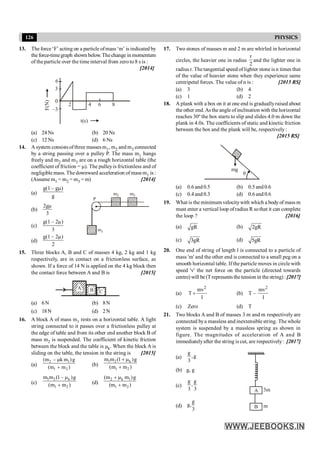 126 PHYSICS
13. Theforce‘F’ acting on a particle ofmass ‘m’ is indicated by
the force-timegraph shown below.Thechange in momentum
of the particle over the time interval from zero to 8 s is :
[2014]
6
3
0
–3
4 6 8
F(N)
t(s)
2
(a) 24 Ns (b) 20 Ns
(c) 12 Ns (d) 6 Ns
14. A system consists ofthree masses m1, m2 and m3 connected
by a string passing over a pulley P. The mass m1 hangs
freely and m2 and m3 are on a rough horizontal table (the
coefficient of friction = m). The pulleyis frictionless and of
negligible mass. The downward acceleration of mass m1 is :
(Assume m1 = m2 = m3 = m) [2014]
(a)
g(1 – g )
g
m
(b)
2g
3
m
P
m1
m2 m3
(c)
g(1 – 2 )
3
m
(d)
g(1 – 2 )
2
m
15. Three blocks A, B and C of masses 4 kg, 2 kg and 1 kg
respectively, are in contact on a frictionless surface, as
shown. If a force of 14 N is applied on the 4 kg block then
the contact force between A and B is [2015]
A B C
(a) 6N (b) 8N
(c) 18N (d) 2N
16. A block A of mass m1 rests on a horizontal table. A light
string connected to it passes over a frictionless pulley at
the edge of table and from its other end another block B of
mass m2 is suspended. The coefficient of kinetic friction
between the block and the table is µk. When the block A is
sliding on the table, the tension in the string is [2015]
(a)
2 1
1 2
(m – k m )g
(m m )
m
+ (b)
1 2 k
1 2
m m (1 )g
(m m )
+ m
+
(c)
1 2 k
1 2
m m (1 – )g
(m m )
m
+ (d)
2 k 1
1 2
(m m )g
(m m )
+ m
+
17. Two stones of masses m and 2 m are whirled in horizontal
circles, the heavier one in radius
r
2
and the lighter one in
radius r. The tangential speed of lighter stone is n times that
of the value of heavier stone when they experience same
centripetal forces. The value of n is : [2015 RS]
(a) 3 (b) 4
(c) 1 (d) 2
18. A plank with a box on it at one end is graduallyraised about
the other end.As the angle of inclination with the horizontal
reaches 30º the box starts to slip and slides 4.0 m down the
plank in 4.0s. The coefficients of static and kinetic friction
between the box and the plank will be, respectively :
[2015 RS]
mg
q
(a) 0.6 and 0.5 (b) 0.5 and 0.6
(c) 0.4 and 0.3 (d) 0.6 and 0.6
19. What is the minimum velocitywith which a bodyof mass m
must enter a vertical loop ofradius R sothat it can complete
the loop ? [2016]
(a) gR (b) 2gR
(c) 3gR (d) 5gR
20. One end of string of length l is connected to a particle of
mass 'm' and the other end is connected to a small peg on a
smooth horizontal table. If the particle moves in circle with
speed 'v' the net force on the particle (directed towards
centre) will be (T represents the tension in thestring) : [2017]
(a)
2
mv
T
l
+ (b) T –
2
mv
l
(c) Zero (d) T
21. Two blocks A and B of masses 3 m and m respectively are
connected bya massless and inextensible string. The whole
system is suspended by a massless spring as shown in
figure. The magnitudes of acceleration of A and B
immediatelyafter the string is cut, are respectively: [2017]
(a)
g
,g
3
A
B
3m
m
(b) g, g
(c)
g g
,
3 3
(d)
g
g,
3
 