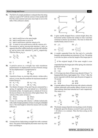 153
Work, Energy and Power
56. The bobAofa simple pendulum is released when the string
makes an angle of 45º with the vertical. It hits another bob
B of the same material and same mass kept at rest on the
table. If the collision is elastic
45º
A
B
(a) both A and B rise to the same height
(b) both A and B come to rest at B
(c) both A and B move with the velocity of A
(d) A comes to rest and B moves with the velocity of A
57. Twomasses ma and mb moving with velocities va and vb in
opposite direction collide elasticallyand after the collision
ma and mb move with velocities Vb and Va respectively.
Then the ratioma/mb is
(a)
a b
a b
V V
V V
-
+
(b)
a b
a
m m
m
+
(c) 1 (d)
1
2
58. A particle moves in a straight line with retardation
proportional to its displacement. Its loss of kinetic energy
for any displacement x is proportional to
(a) x (b) ex
(c) x2 (d) loge x
59. A particle ofmass 1
m moving with velocityv strikes with a
mass m2 at rest, then the condition for maximumtransfer of
kineticenergy is
(a) m1 >>m2 (b) m2 >>m2
(c) m1 =m2 (d) m1 =2m2
60. Two blocks of masses 10 kg and 4 kg are connected by a
spring of negligible mass and placed on a frictionless
horizontal surface. An impulse gives a velocity of 14 m/s to
the heavier block in the direction of the lighter block. The
velocity of the centre of mass is
(a) 30m/s (b) 20m/s
(c) 10m/s (d) 5 m/s
61. A mass m is moving with velocity v collides inelastically
with a bobofsimplependulum ofmass mand getsembedded
into it. The total height to which the masses will rise after
collision is
(a)
g
8
v2
(b)
g
4
v2
(c)
g
2
v2
(d)
g
v
2 2
62. A motor drives a bodyalong a straight line with a constant
force. The power P developed by the motor must varywith
time t according to
(a)
P
t
(b)
P
t
(c)
P
t
(d)
P
t
63. A glass marble dropped from a certain height above the
horizontal surface reaches the surface in time t and then
continues to bounce up and down. The time in which the
marble finallycomes torest is
(a) t
en (b) t
e2
(c)
e
t
1 e
1+
é ù
ê ú
-
ë û
(d) ú
û
ù
ê
ë
é
+
-
1
e
1
e
t
64. A weight suspended from the free end of a vertically
hanging spring produces an extension of 3 cm. The spring
is cut into two parts so that the length of the longer part is
3
2
of the original length, If the same weight is now
suspended from the longer part of the spring, the extension
produced will be
(a) 0.1cm (b) 0.5cm
(c) 1cm (d) 2cm
65. A 10 m long iron chain of linear mass density0.8 kg m–1 is
hanging freelyfrom a rigid support. If g= 10 ms–2, then the
power required to left the chain uptothe point of support in
10 second
(a) 10 W (b) 20W
(c) 30 W (d) 40 W
66. A smooth sphere ofmass M moving with velocityu directly
collides elastically with another sphere of mass m at rest.
After collision, their final velocities areV and vrespectively.
The value of v is
(a)
m
uM
2
(b)
M
um
2
(c)
M
m
1
u
2
+
(d)
2u
M
1
m
+
67. The kinetic energyofparticle moving alonga circle ofradius
R depends upon the distance covered S and is given by K
= aS where a is a constant. Then the force acting on the
particle is
(a)
R
aS
(b)
R
)
aS
(
2 2
(c) 2
2
R
aS
(d)
R
aS
2
 
