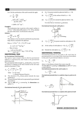 214 PHYSICS
Let a¢ be the acceleration of the earth towards the apple.
2
11
2
6 2
25 2
F Gm
a
M R
6.67 10 0.25
ms
(6.378 10 )
4.099 10 ms .
-
-
- -
= =
¢
´ ´
=
´
= ´
Example8.
The acceleration due to gravity at the moon’s surface is
1.67 ms–2. Iftheradius ofthemoon is 1.74× 106 m, calculate
the mass of the moon. Use the known value of G.
Solution :
2
GM
g
R
= or
2
gR
M
G
=
This relation is true not only for earth but for any heavenly
body which is assumed to be spherical.
Here,
2 6
g 1.67ms , R 1.74 10 m
-
= = ´ and
11 2 2
G 6.67 10 Nm kg
- -
= ´
 Mass of moon,
6 2
22
11
1.67 (1.74 10 )
M kg 7.58 10 kg
6.67 10-
´ ´
= = ´
´
GRAVITATIONAL FIELD
(or Gravitational Field Intensity)
The region or space around a body in which its gravitational
influence is experienced by other bodies is the gravitational
field of that body.
The gravitational field strength Eg, produced by a mass M at
any point P is defined as the force exerted on the unit mass
placed at that point P. Then
2 2
æ ö
= = =
ç ÷
è ø
g
F G Mm GM
E m
m r r
...(i)
where m= test mass
r=distance between M and m
(i) The direction of Eg always points towards the mass
producing it.
(ii) The gravitational field can be represented bygravitational
lines of force.
(iii) The S.I unit of Eg is newton/kg. Its dimensions are
[M0LT–2].
Gravitational intensity (Eg) for spherical shell
r
|E |=0
g
Radius of
spherical shell
|E |
g
O
R
2
r
GM
|
Eg
| =
(i) |Eg|= 0 at points inside the spherical shell (i.e. r < R)
(ii) 2
| |
-
=
g
GM
E
R
at the surface of shell (i.e. r = R)
(iii) 2
| |
-
=
g
GM
E
r
for outside the spherical shell (r >R).
It is clear that as r increases, Eg decreases.
Gravitational intensity for solid sphere :
R
r
|E |
g
Solid
sphere
Eg
(i) 3
.
| |= -
g
GM r
E
R
for points inside the solid sphere (r<R)
(ii) At the surface of solid sphere (r = R) 2
| |= -
g
GM
E
R
(iii) Outside the solid sphere
2
| |= -
g
GM
E
r
(r > R)
GRAVITATIONAL POTENTIAL
Gravitational potential at any point is the work done by
gravitational force in carrying a body of unit mass from infinity
to that point in gravitational influence of source.
i.e., A
o
W GM
V
m r
-
= =
where r is the distance of point from source mass M.
The S.I. unit of V is joule/kg. Its dimensions are [M0L2T–2]. It is
a scalar quantity.
Gravitational potential at the earth surface is
-
= = -
e
A e
e
GM
V gR
R
Gravitational potential due to a uniform ring at a point on its
axis
2 2
= -
+
g
GM
V
a r
a
O r P
q
Gravitational potential due to a uniform thin spherical shell
O
Vg
r
R
GM
-
 