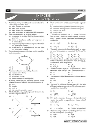 222 PHYSICS
1. A satellite is orbiting around the earth near its surface. Ifits
kinetic energy is doubled, then
(a) it will remain in the same orbit.
(b) it will fall on theearth.
(c) it will revolve with greater speed.
(d) it will escapeout of the gravitational field of the earth.
2. There is no atmosphere on the moon because
(a) it is closer to the earth and also it has the inactiveinert
gases in it.
(b) it is too for from the sun and has very low pressure in
its outer surface.
(c) escape velocity of gas molecules is greater than their
root mean square velocity.
(d) escape velocity of gas molecules is less than their
root mean square velocity.
3. Themaximum kinetic energyofa planet moving around the
sun is at a position
B
A Sun
D
C
(a) A (b) B
(c) C (d) D
4. A man waves his arms whilewalking. This is to
(a) keep constant velocity
(b) ease the tension
(c) increase the velocity
(d) balance the effect of earth’s gravity
5. A missile is launched with a velocity less than escape
velocity. The sum of its kinetic and potential energies is
(a) zero
(b) negative
(c) positive
(d) may be positive, negative or zero.
6. Which of the following graphs represents the motion of a
planet moving about the sun ?
(a)
T2
R3
(b)
T2
R3
(c)
T2
R3
(d)
T2
R3
7. Due to rotation of the earth the acceleration due to gravity
g is
(a) maximum at the equator and minimum at the poles
(b) minimum at the equator and maximum at the poles
(c) same at both places
(d) None of these
8. A planet moves around the sun. At a point P it is closest
from the sun at a distance d1 and has a speed v1.At another
point Q, when it is farthest from the sun at a distnace d2 its
speed will be
(a) 2
2
1
2
1 d
/
v
d (b) 1
1
2 d
/
v
d
(c) 2
1
1 d
/
v
d (d) 2
1
1
2
2 d
/
v
d
9. The weight of an object in the coal mine, sea level and at
the top of the mountain, are respectively W1, W2 and W3
then
(a) W1< W2 > W3 (b) W1= W2 = W3
(c) W1< W2 < W3 (d) W1> W2 > W3
10. Two planets of radii r1 and r2 are made from the same
material. The ratio of the acceleration due to gravityg1/g2
at the surfaces of the two planets is
(a) r1/r2 (b) r2/r1
(c) (r1/r2)2 (d) (r2/r1)2
11. What would be the length of a sec. pendulum at a planet
(where acc. due to gravityis g/4) if it’s length on earth is l
(a) l/2 (b) 2 l
(c) l/4 (d) 4 l
12. Time periodof a simple pendulum inside a satellite orbiting
earth is
(a) zero (b) ¥
(c) T (d) 2T
13. Theratio ofthe radii ofthe planets R1 and R2 is k. The ratio
ofthe acceleration duetogravityis r. The ratioof the escape
velocities from them will be
(a) kr (b) kr
(c) (k /r) (d) (r/k)
14. If e
v and 0
v represent the escape velocity and orbital
velocity of a satellite corresponding to a circular orbit of
radius R, then
(a) e o
v v
= (b) e o
v 2 v
=
(c) e o
v (1/ 2)v
= (d) ve and vo are not related
15. The kinetic energyneeded to project a body of mass m from
the earth surface (radius R) toinfinityis
(a) mgR/2 (b) 2mgR
(c) mgR (d) mgR/4.
 
