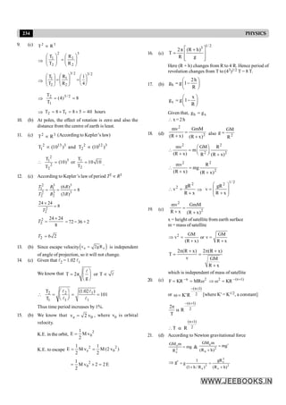 234 PHYSICS
9. (c) 2 3
T R
µ
Þ
3
2
1
2
2
1
R
R
T
T
÷
÷
ø
ö
ç
ç
è
æ
=
÷
÷
ø
ö
ç
ç
è
æ
Þ
2
/
3
2
/
3
2
1
2
1
4
1
R
R
T
T
÷
ø
ö
ç
è
æ
=
÷
÷
ø
ö
ç
ç
è
æ
=
÷
÷
ø
ö
ç
ç
è
æ
Þ 8
)
4
(
T
T 2
/
3
1
2
=
=
Þ 2 1
T 8 T 8 5 40
= ´ = ´ = hours
10. (b) At poles, the effect of rotation is zero and also the
distance from the centre of earth is least.
11. (c) 2 3
T R
µ (According to Kepler’s law)
2 13 3 2 12 3
1 2
T (10 ) and T (10 )
µ µ
2
3
1 1
2
2
2
T T
(10) or 10 10
T
T
 = = .
12. (c) According to Kepler’s law of period T2 µ R3
2 3 3
1 1
2 3 3
2 2
(6 )
8
(3 )
T R R
T R R
= = =
2
2
24 24
8
T
´
=
2
2
24 24
8
T
´
= = 72=36 ×2
2 6 2
T =
13. (b) Since escape velocity( )
e e
v 2gR
= is independent
of angle of projection, so it will not change.
14. (c) Given that l2 = 1.02 l1
We know that T 2π or T
g
æ ö
= µ
ç ÷
è ø
l
l
2 2 1
1 1 1
T (1.02 )
101
T
æ ö
 = = =
ç ÷
è ø
l l
l l
Thus time period increases by 1%.
15. (b) We know that e 0
v 2 v
= , where v0 is orbital
velocity.
K.E. in the orbit,
2
0
1
E M v
2
=
K.E. to escape
2 2
e 0
1 1
E M v M (2 v )
2 2
= =
2
0
1
M v 2 2E
2
= ´ =
16. (c)
1/ 2
3
2π (R h)
T
R g
é ù
+
= ê ú
ê ú
ë û
Here (R + h) changes from R to 4 R. Hence period of
revolution changes from T to (43)1/2 T = 8 T.
17. (b) h
2h
g g 1
R
æ ö
= -
ç ÷
è ø
x
x
g g 1
R
æ ö
= -
ç ÷
è ø
Given that, h x
g g
=
 x= 2h
18. (d) 2
2
)
x
R
(
GmM
)
x
R
(
mv
+
=
+ also 2
R
GM
g =
2 2
2 2
mv GM R
m
(R x) R (R x)
æ ö
 = ç ÷
è ø
+ +
2
2
2
)
x
R
(
R
mg
)
x
R
(
mv
+
=
+

x
R
gR
v
2
2
+
=
 Þ
2
/
1
2
x
R
gR
v
÷
÷
ø
ö
ç
ç
è
æ
+
=
19. (c) 2
2
)
x
R
(
GmM
x
R
mv
+
=
+
x = height ofsatellite from earth surface
m = mass of satellite
2 GM GM
v or v
(R x) R x
Þ = =
+ +
2 (R x) 2 (R x)
T
v GM
R x
p + p +
= =
+
which is independent of mass of satellite
20. (c) 2
n
MR
KR
F w
=
= - )
1
n
(
2
KR +
-
=
w
Þ
or 2
)
1
n
(
R
'
K
+
-
=
w [where K' = K1/2, a constant]
2
)
1
n
(
R
T
2
+
-
a
p
(n 1)
2
T R
+
 a
21. (d) According to Newton gravitational force
mg
R
m
GM
2
e
e
= & g
m
)
h
R
(
m
GM
2
e
e ¢
=
+
Þ g'
2
e
2
e
2
e )
h
R
(
gR
)
R
/
h
1
(
1
g
+
=
+
=
 
