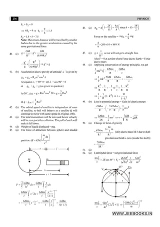 236 PHYSICS
S1 + S2 = 9
Þ 6S1 = 9Þ 5
.
1
6
9
S1 =
=
S2 = 1.5×5 = 7.5
Note: Maximum distance will be travelled bysmaller
bodies due to the greater acceleration caused by the
same gravitational force
40. (c) 2
2
)
R
99
.
0
(
GM
'
g
;
R
GM
g =
=
2
2
g' R
g' g
g 0.99R
æ ö
 = Þ >
ç ÷
è ø
41. (b) Acceleration due to gravity at lattitude’ l ’ is given by
l
w
-
=
l
2
2
e
e cos
R
g
g
At equator, l = 90° Þ l
cos = cos 90° = 0
or l
g = e
g = g (as given in question)
At 30°,
2
2
2
30 R
4
3
g
30
cos
R
g
g w
-
=
w
-
=
or, 2
30 R
4
3
g
g w
=
-
42. (b) The orbital speed of satellite is independent of mass
of satellite, so ball will behave as a satellite & will
continue to move with same speed in original orbit.
43. (a) The total momentum will be zero and hence velocity
will be zero just after collisiion. The pull of earth will
makeit fall down.
44. (d) Weight of liquid displaced = mg.
45. (a) The force of attraction between sphere and shaded
position
2
x
l
÷
ø
ö
ç
è
æ
=
dx
m
GM
dF
x
r l
m
M
r + l
2 2
2 1
2
1
1
2 1
1
( )
+ +
+
+ - +
-
+
+
-
= =
é ù
= = ê ú
- +
ë û
é ù
é ù
= - = - =
ë û ê ú +
ë û
ò ò
ò
r l r l
r r
r l
r l
r r
r l
r l
r
r
GMm GMm
F dx dx
lx l x
GMm GMm x
x dx
l l
GMm GMm GMm
x
l l x r r l
46. (a)
2 4 3
1 since
2
æ ö æ ö
= - = = +
ç ÷ ç ÷
è ø è ø
h g R
g g h R
h R h
Force on the satellite = mg
9
4
mgh =
N
889
10
200
9
4
»
´
´
=
47. (c)
2
R
1
g µ so we will not get a straight line.
AlsoF = 0 at a point where Force due to Earth = Force
due to mars
48. (c) Applying conservation of energy principle, we get
r
GMm
R
GMm
v
mk
2
1 2
e
2
-
=
-
r
GMm
R
GMm
R
GM
2
mk
2
1 2
-
=
-
Þ
R
k
R
1
r
1
r
1
R
1
R
k 2
2
-
=
Þ
-
=
-
Þ
2
2
k
1
R
r
)
k
1
(
R
1
r
1
-
=
Þ
-
=
Þ
49. (b) Loss in potential energy= Gain in kineticenergy
2
mv
2
1
R
GMm
2
3
R
GMm
=
÷
ø
ö
ç
è
æ
-
-
-
gR
R
GM
v
mv
2
1
R
2
GMm 2
=
=
Þ
=
Þ
50. (a) Change in force of gravity
=
2 2
M
G m
GMm 3
R R
- (onlydue tomass M/3 due toshell
gravitational field is zero(inside the shell))
= 2
2GMm
3R
51. (a)
52. (a) Centripetal force = net gravitational force
2
0
1
mv
2Fcos45 F
r
= ° + =
2 2
2 2
2GM 1 Gm
2
( 2r) 4r
+
r
V0
F F
F1
2r
45°
2 2
0
2
mv Gm
[2 2 1]
r 4r
= +
1/2
GM(2 2 1
4r
æ ö
+
Þ ç ÷
è ø
 
