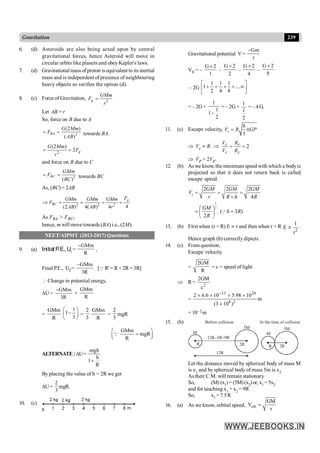 239
Gravitation
6. (d) Asteroids are also being acted upon by central
gravitational forces, hence Asteroid will move in
circular orbits like planets and obey Kepler's laws.
7. (d) Gravitational mass of proton is equivalent to its inertial
mass and is independent of presence of neighbouring
heavy objects so verifies the option (d).
8. (c) Force of Gravitation,
2
g
GMm
F
r
=
Let AB = r
So, force on B due to A
2
(2 )
( )
BA
G Mm
F
AB
= = towards BA.
2
(2 )
2 g
G Mm
F
r
= =
and force on B due to C
2
( )
BC
GMm
F
BC
= = towards BC
As, (BC) = 2AB
2 2 2
4
(2 ) 4( ) 4
g
BC
F
GMm GMm GMm
F
AB AB r
Þ = = = =
As FBA > FBC,
hence, m will move towards (BA) i.e., (2M).
NEET/AIPMT (2013-2017) Questions
9. (a) Initial P
.E.,Ui =
GMm
R
-
,
Final P.E., Uf =
GMm
3R
-
[QR' = R+ 2R= 3R]
 Change in potential energy,
DU=
GMm
3R
-
+
GMm
R
=
GMm
R
1
1
3
æ ö
-
ç ÷
è ø
=
2
3
GMm
R
=
2
3
mgR
GMm
mgR
R
æ ö
=
ç ÷
è ø
Q
ALTERNATE:DU=
mgh
h
1
R
+
By placing the value of h = 2R we get
DU=
2
3
mgR.
10. (c)
m
Gravitational potential V=
Gm
r
-
V0 = –
G 2
1
´
–
G 2
2
´
–
G 2
4
´
–
G 2
8
´
– 2G
1 1 1
1 ....
2 4 8
é ù
+ + + + ¥
ê ú
ë û
= – 2G ×
1
1
1
2
-
= – 2G ×
1
1
2
= – 4 G.
.
11. (c) Escape velocity,
8
3
e
V R GP
= p
Þ Ve µ R Þ 2
P P
E E
V R
V R
= =
Þ VP = 2VE.
12. (b) As we know, the minimum speed with which a bodyis
projected so that it does not return back is called
escape speed.
2 2 2
4
= = =
+
e
GM GM GM
V
r R h R
1
2
( 3 )
2
æ ö
= =
ç ÷
è ø
Q
GM
h R
R
13. (b) First when (r < R) E µ r and then when r > R
2
1
E
r
µ .
Hence graph (b) correctly dipicts.
14. (c) From question,
Escape velocity
=
2GM
R
= c = speed of light
Þ R=
2
2GM
c
=
11 24
8 2
2 6.6 10 5.98 10
m
(3 10 )
-
´ ´ ´ ´
´
= 10– 2 m
15. (b)
12R–3R=9R
12R
M
R 2R
5M
Before collision
M
5M
R 2R
At the time of collision
Let the distance moved by spherical body of mass M
is x1 and by spherical body of mass 5m is x2
As their C.M. will remain stationary
So, (M) (x1) = (5M)(x2)or, x1 =5x2
and for tauching x1 + x2 = 9R
So, x1 =7.5R
16. (a) As we know, orbital speed, orb
GM
V
r
=
 