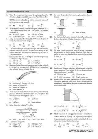 271
Mechanical Properties of Fluids
11. Water flows in a stream line manner through a capillarytube
ofradius a, the pressure difference being P and the rate flow
Q. If the radius is reduced to
2
a
and the pressureis increased
to 2P, the rate of flow becomes
(a) 4Q (b) Q (c)
2
Q
(d)
Q
8
12. A rain drop ofradius 0.3 mm has a terminal velocityin air =
1 m/s. The viscosity of air is 8 × 10–5 poise. The viscous
force on it is
(a) 45.2 × 10–4 dyne (b) 101.73×10–5 dyne
(c) 16.95 × 10–4 dyne (d) 16.95 × 10–5 dyne
13. A big drop of radius R is formed by 1000 small droplets of
water. The radius of small drop is
(a)
10
R
(b)
100
R
(c)
500
R
(d)
1000
R
14. 1 m3 water is brought inside the lake upto 200 metres depth
from the surface of the lake. What will be change in the
volume when the bulk modulus of elastically of water is
22000 atmosphere?
(density of water is 1 × 103 kg/m3 atmosphere pressure
= 105 N/m2 and g = 10 m/s2)
(a) 8.9 × 10–3 m3 (b) 7.8 × 10–3 m3
(c) 9.1 × 10–4 m3 (d) 8.7 × 10–4 m3
15. Horizontal tube of non-uniform cross-section has radii of
0.1 m and 0.05 m respectively at M and N for a streamline
flow ofliquid the rate of liquid flow is
M
N
(a) continuously changes with time
(b) greater at M than at N
(c) greater at N than at M
(d) same at M and N
16. There is a hole in the bottom of tank having water. If total
pressure at bottom is 3 atm (1 atm = 105 N/m2) then the
velocityof water flowing from hole is
(a) 400 m/s (b) 600 m/s
(c) 60 m/s (d) None of these
17. In the figure, the velocityV3 will be
A = 0.2 m
2
2
V = 4 ms
1
–1
V = 2 ms
2
–1
A = 0.2 m
1
2
A = 0.4 m
3
2 V3
(a) Zero (b) 4 ms–1 (c) 1 ms–1 (d) 3 ms–1
18. 1 centipoise is equal to
(a) 1 kg m–1 s–1 (b) 1000 kg m–1 s–1
(c) 0.1 kg m–1 s–1 (d) 0.001 kg m–1 s–1
19. If a water drop is kept between two glass plates, then its
shape is
(a) (b)
(c) (d) None of these
20. The fraction of a floating object of volume V0 and density
d0 above the surface of liquid of density d will be
(a)
0
0
d
d
d
-
(b)
d
d
d 0
-
(c)
d
d0
(d)
0
0
d
d
d
d
+
21. An open vessel containing water is given a constant
acceleration a in the horizontal direction. Then the free
surface of water gets sloped with the horizontal at an angle
q, given by
(a)
a
g
cos 1
-
=
q (b)
g
a
tan 1
-
=
q
(c)
g
a
sin 1
-
=
q (d)
a
g
tan 1
-
=
q
22. Two drops of the same radius are falling through air with a
steady velocity of 5 cm per sec. If the two drops coalesce,
the terminal velocity would be
(a) 10 cm per sec (b) 2.5 cm per sec
(c) 5 × (4)1/3 cm per sec (d) 3
5´ cm per sec
23. Atank is filled with water upto a height H. Water is allowed
tocome out of a hole P in oneof the walls at a depth h below
the surface of water (seefig.) Express the horizontal distance
X in terms Hand h.
h
P
x
H
(a) )
h
H
(
h
X -
= (b) )
h
H
(
2
h
X -
=
(c) )
h
H
(
h
2
X -
= (d) )
h
H
(
h
4
X -
=
24. A bodyof density '
r is dropped from rest at a height h into
a lake of density r where '
r
>
r neglecting all dissipative
forces, calculatethe maximum depth towhich the bodysinks
before returning to float on the surface :
(a)
'
h
r
-
r
(b)
r
r'
h
(c)
'
'
h
r
-
r
r
(d)
'
h
r
-
r
r
 