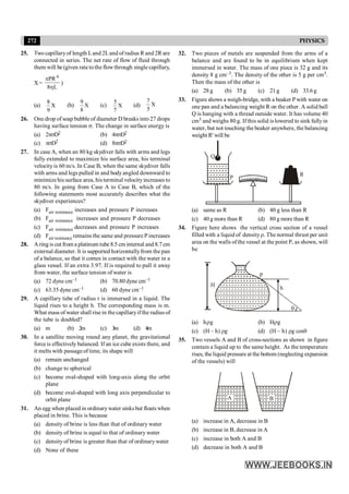272 PHYSICS
25. Two capillaryof length Land 2Land of radius R and 2R are
connected in series. The net rate of flow of fluid through
them will be (given rateto the flowthrough single capillary,
X=
L
8
PR4
h
p
)
(a) X
9
8
(b) X
8
9
(c) X
7
5
(d) X
5
7
26. One drop of soap bubble of diameter D breaks into 27 drops
having surface tension s. The change in surface energy is
(a) 2psD2 (b) 4psD2
(c) psD2 (d) 8psD2
27. In case A, when an 80 kg skydiver falls with arms and legs
fully extended to maximize his surface area, his terminal
velocity is 60 m/s. In Case B, when the same skydiver falls
with arms and legs pulled in and bodyangled downward to
minimize his surface area, his terminal velocityincreases to
80 m/s. In going from Case A to Case B, which of the
following statements most accurately describes what the
skydiver experiences?
(a) Fair resistance increases and pressure P increases
(b) Fair resistance increases and pressure P decreases
(c) Fair resistance decreases and pressure P increases
(d) Fair resistance remains the same and pressure P increases
28. A ring is cut from a platinum tube 8.5 cm internal and 8.7 cm
external diameter. It is supported horizontallyfrom the pan
of a balance, so that it comes in contact with the water in a
glass vessel. If an extra 3.97. If is required to pull it away
from water, the surface tension of water is
(a) 72 dyne cm–1 (b) 70.80 dyne cm–1
(c) 63.35 dyne cm–1 (d) 60 dyne cm–1
29. A capillary tube of radius r is immersed in a liquid. The
liquid rises to a height h. The corresponding mass is m.
What mass of water shall rise in the capillaryifthe radius of
the tube is doubled?
(a) m (b) 2m (c) 3m (d) 4m
30. In a satellite moving round any planet, the gravitational
force is effectively balanced. If an ice cube exists there, and
it melts with passageof time, its shape will
(a) remain unchanged
(b) change to spherical
(c) become oval-shaped with long-axis along the orbit
plane
(d) become oval-shaped with long axis perpendicular to
orbit plane
31. An egg when placed in ordinarywater sinks but floats when
placed in brine. This is because
(a) density of brine is less than that of ordinary water
(b) density of brine is equal to that of ordinary water
(c) density of brine is greater than that of ordinary water
(d) None of these
32. Two pieces of metals are suspended from the arms of a
balance and are found to be in equilibrium when kept
immersed in water. The mass of one piece is 32 g and its
density 8 g cm–3. The density of the other is 5 g per cm3.
Then the mass of the other is
(a) 28 g (b) 35 g (c) 21 g (d) 33.6g
33. Figure shows a weigh-bridge, with a beaker P with water on
one pan and a balancing weight R on the other. A solid ball
Q is hanging with a thread outside water. It has volume 40
cm3 and weighs 80 g. If this solid islowered to sink fullyin
water, but not touching the beaker anywhere, the balancing
weight R' will be
Q
P R
(a) same as R (b) 40 g less than R
(c) 40 g more than R (d) 80 g more than R
34. Figure here shows the vertical cross section of a vessel
filled with a liquid of densityr. The normal thrust per unit
area on the walls of the vessel at the point P, as shown, will
be
q
h
P
H
(a) hrg (b) Hrg
(c) (H – h) rg (d) (H – h) rg cosq
35. Two vessels A and B of cross-sections as shown in figure
contain a liquid up to the same height. As the temperature
rises, the liquid pressure at the bottom (neglecting expansion
of the vessels) will
A B
(a) increase in A, decrease in B
(b) increase in B, decrease in A
(c) increase in both A and B
(d) decrease in both A and B
 