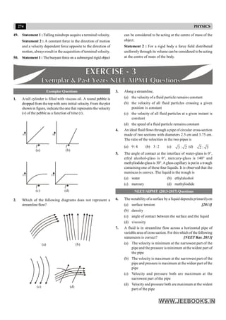 274 PHYSICS
Exemplar Questions
1. A tall cylinder is filled with viscous oil. A round pebble is
dropped from the top with zero initial velocity. From the plot
shown in figure, indicatethe one that represents the velocity
(v) of the pebble as a function of time (t) .
v
t
(a)
v
t
(b)
v
t
(c)
v
t
(d)
2. Which of the following diagrams does not represent a
streamline flow?
(b)
(a)
(d)
(c)
3. Along a streamline,
(a) the velocityof a fluid particle remains constant
(b) the velocity of all fluid particles crossing a given
position is constant
(c) the velocity of all fluid particles at a given instant is
constant
(d) the speed of a fluid particle remains constant
4. An ideal fluid flows through a pipe of circular cross-section
made of two sections with diameters 2.5 cm and 3.75 cm.
The ratio of the velocities in the two pipes is
(a) 9: 4 (b) 3: 2 (c) 3 : 2 (d) 2 : 3
5. The angle of contact at the interface of water-glass is 0°,
ethyl alcohol-glass is 0°, mercury-glass is 140° and
methyliodide-glass is 30°.Aglass capillaryis put in a trough
containing one of these four liquids. It is observed that the
meniscus is convex. The liquid in the trough is
(a) water (b) ethylalcohol
(c) mercury (d) methyliodide
NEET/AIPMT (2013-2017) Questions
6. The wetability ofa surface by a liquid depends primarilyon
(a) surface tension [2013]
(b) density
(c) angle of contact between the surface and the liquid
(d) viscosity
7. A fluid is in streamline flow across a horizontal pipe of
variable area ofcross section. For this which of the following
statements is correct? [NEET Kar. 2013]
(a) The velocity is minimum at the narrowest part of the
pipe and the pressure is minimum at the widest part of
the pipe
(b) The velocity is maximum at the narrowest part of the
pipe and pressure is maximum at the widest part of the
pipe
(c) Velocity and pressure both are maximum at the
narrowest part of the pipe
(d) Velocityand pressure both are maximum at the widest
part of the pipe
49. Statement 1 : Falling raindrops acquire a terminal velocity.
Statement 2 : A constant force in the direction of motion
and a velocity dependent force opposite to the direction of
motion, always result in the acquisition of terminal velocity.
50. Statement 1 : Thebuoyant force on a submerged rigid object
can be considered to be acting at the centre of mass of the
object.
Statement 2 : For a rigid body a force field distributed
uniformlythrough its volume can be considered tobe acting
at the centre of mass of the body.
 