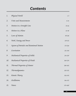 1. Physical World 1-7
2. Units and Measurements 8-34
3. Motion in a Straight Line 35-66
4. Motion in a Plane 67-98
5. Laws of Motion 99-138
6. Work, Energy and Power 139-172
7. System of Particles and Rotational Motion 173-210
8. Gravitation 211-240
9. Mechanical Properties of Solids 241-259
10. Mechanical Properties of Fluids 260-279
11. Thermal Properties of Matter 280-302
12. Thermodynamics 303-325
13. Kinetic Theory 326-345
14. Oscillations 346-372
15. Waves 373-400
Contents
(iii)
 