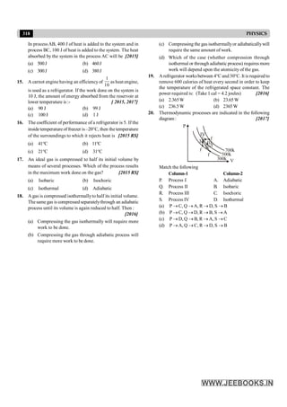 318 PHYSICS
In process AB, 400 J of heat is added to the system and in
process BC, 100 J of heat is added to the system. The heat
absorbed by the system in the process AC will be [2015]
(a) 500J (b) 460J
(c) 300J (d) 380J
15. A carnot engine having an efficiency of
1
10
as heat engine,
is used as a refrigerator. If the work done on the system is
10 J, the amount of energy absorbed from the reservoir at
lower temperature is :- [ 2015, 2017]
(a) 90 J (b) 99 J
(c) 100 J (d) 1 J
16. The coefficient of performance of a refrigerator is 5. If the
insidetemperatureof freezer is–20°C, then thetemperature
of the surroundings to which it rejects heat is [2015 RS]
(a) 41°C (b) 11°C
(c) 21°C (d) 31°C
17. An ideal gas is compressed to half its initial volume by
means of several processes. Which of the process results
in the maximum work done on the gas? [2015 RS]
(a) Isobaric (b) Isochoric
(c) Isothermal (d) Adiabatic
18. A gas is compressed isothermallyto half its initial volume.
Thesame gas is compressedseparatelythrough an adiabatic
process until its volume is again reduced to half. Then :
[2016]
(a) Compressing the gas isothermally will require more
work to be done.
(b) Compressing the gas through adiabatic process will
require more work to be done.
(c) Compressing the gas isothermallyor adiabaticallywill
require the same amount of work.
(d) Which of the case (whether compression through
isothermal or through adiabatic process) requires more
work will depend upon the atomicity of the gas.
19. A refrigerator worksbetween 4°C and 30°C. It is required to
remove 600 calories of heat every second in order to keep
the temperature of the refrigerated space constant. The
power required is: (Take 1 cal = 4.2 joules) [2016]
(a) 2.365W (b) 23.65W
(c) 236.5W (d) 2365W
20. Thermodynamic processes are indicated in the following
diagram : [2017]
P
i
IV
f
III
f
f
f
I
700k
500k
300k V
II
Match the following
Column-1 Column-2
P. Process I A. Adiabatic
Q. Process II B. Isobaric
R. Process III C. Isochoric
S. Process IV D. Isothermal
(a) P ® C, Q ® A, R ® D, S ® B
(b) P ® C, Q ® D, R ® B, S ® A
(c) P ® D, Q ® B, R ® A, S ® C
(d) P ® A, Q ® C, R ® D, S ® B
 
